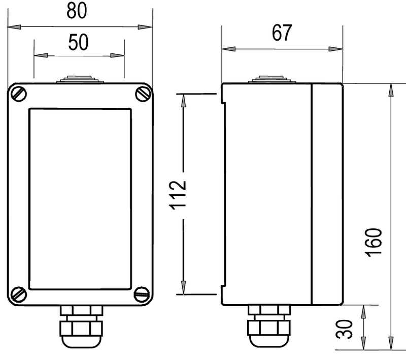 CO2 detektor TS210IC2 dimensioner