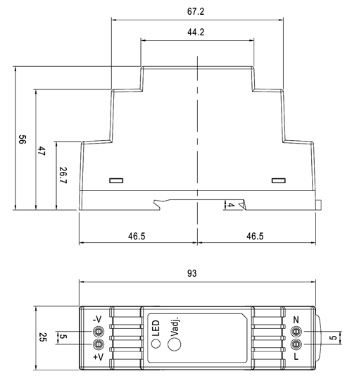 Dimensioner for DR-15-12 strømforsyningen