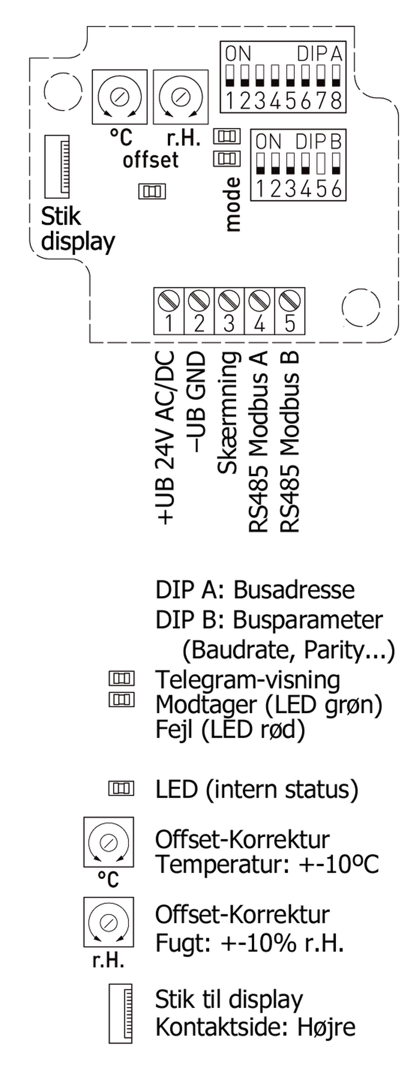 Kombineret Modbus Fugt- og temperaturføler ledningsdiagram