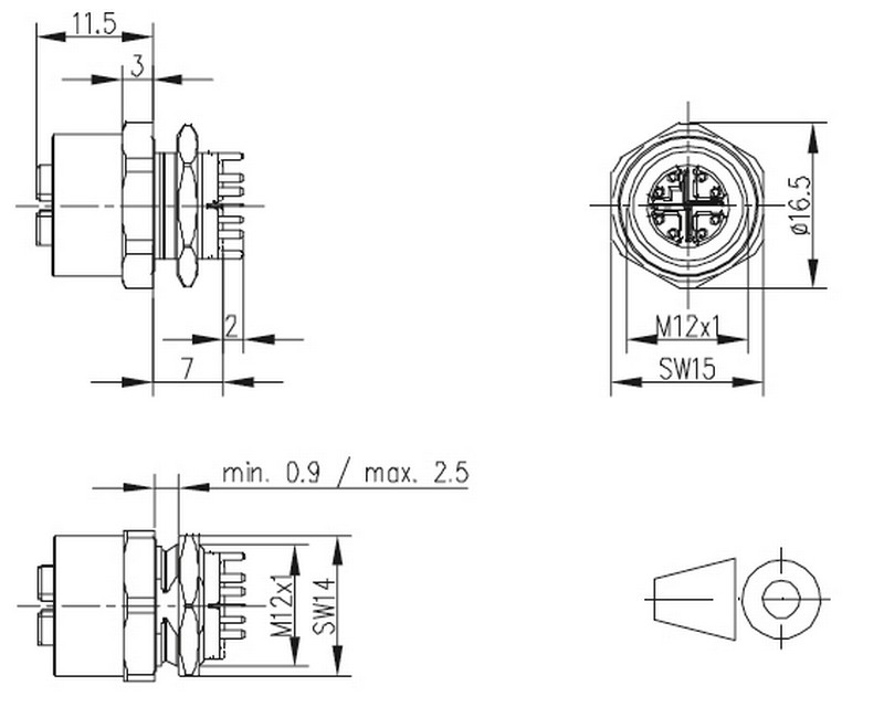 M12 Ethernet stik dimensioner