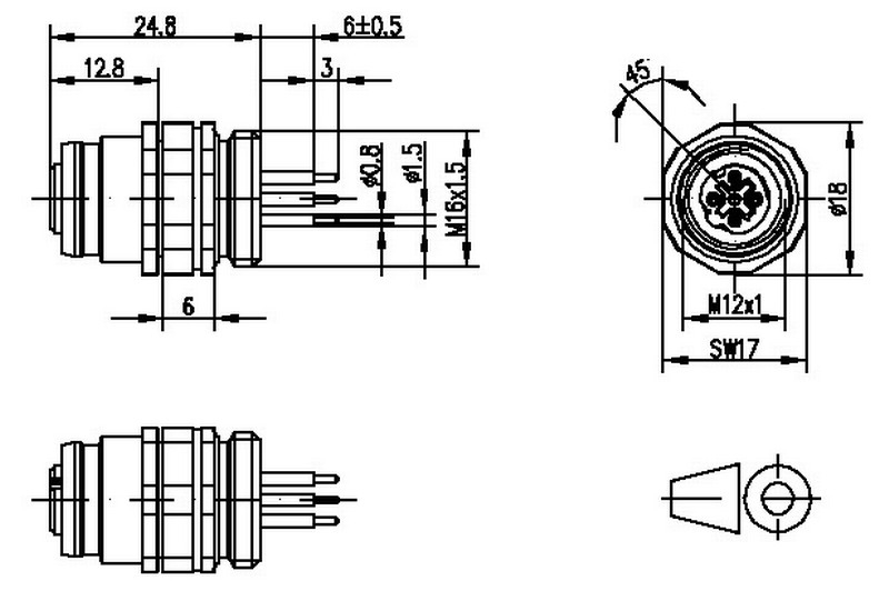 M12 Ethernet hun stik IP67 D-kodet - dimensioner