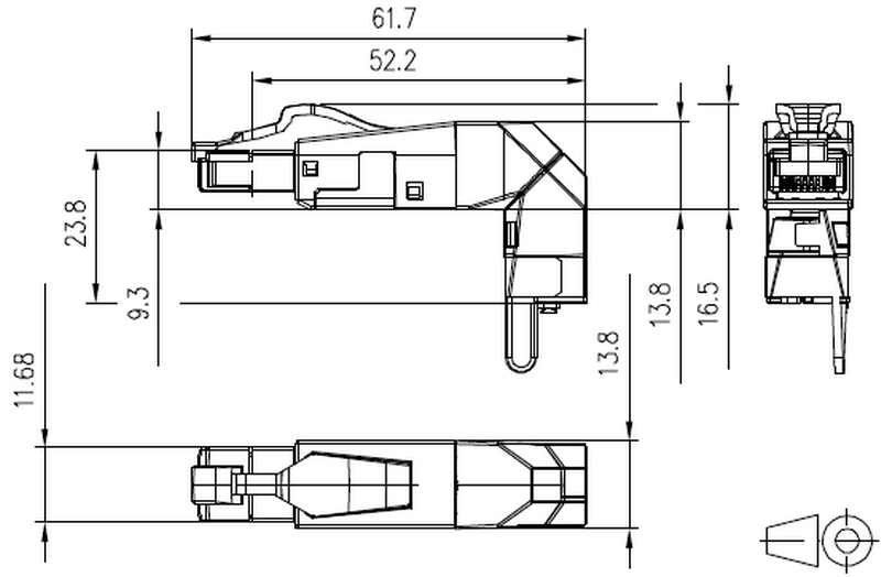 RJ45 360 grader netværksstik 130e405042-e dimensioner