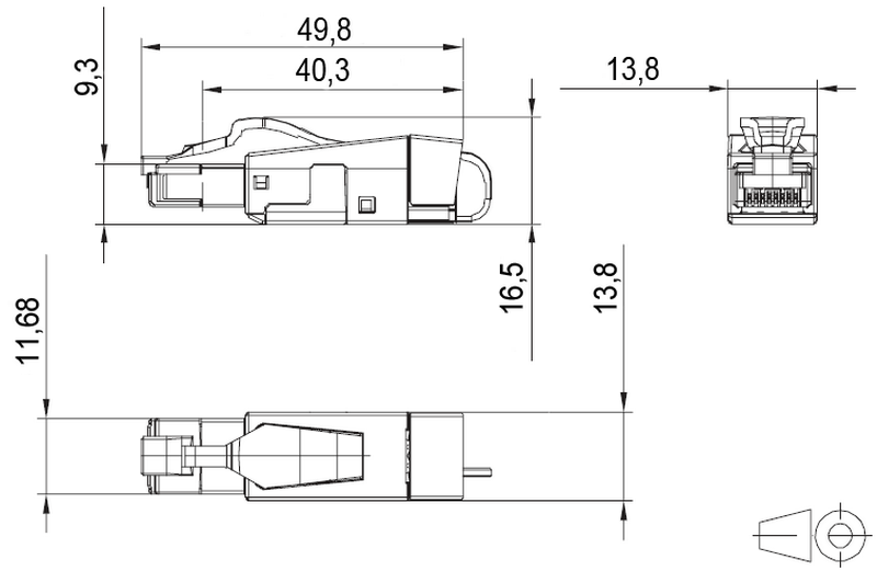 RJ45 netværksstik CAT6A 130e405032-e dimensioner