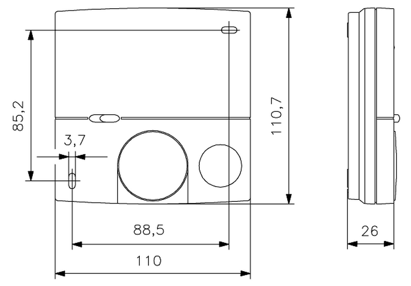 Dimensioner for den kombinerede hygrostat / termostat