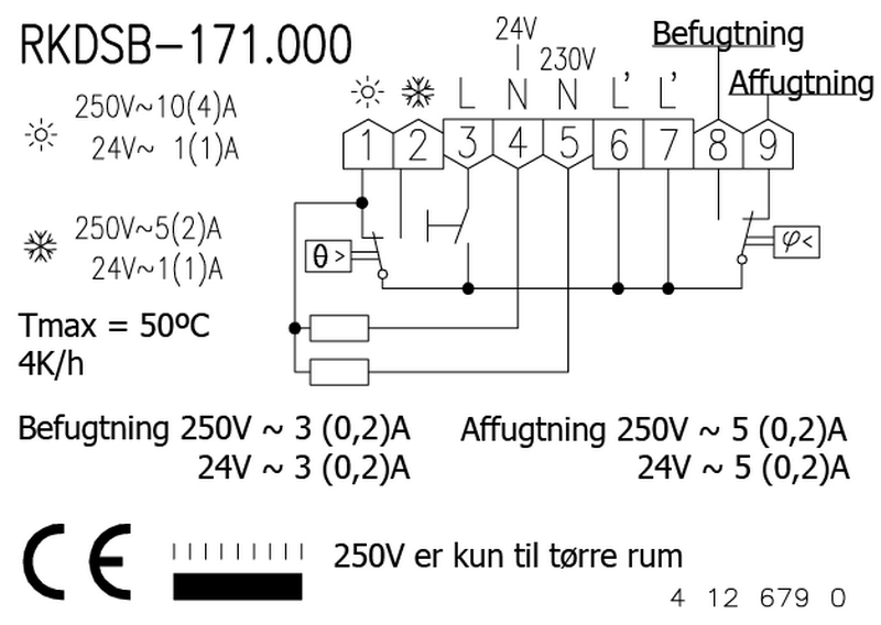 Tilslutningsdiagram for den kombinerede hygrostat / termostat