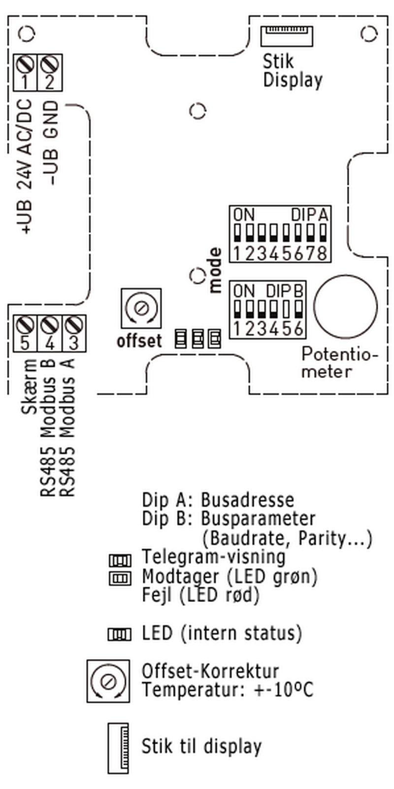 Rumtemperaturføler med Modbus - ledningsdiagram Rumtemperaturføler med Modbus - ledningsdiagram