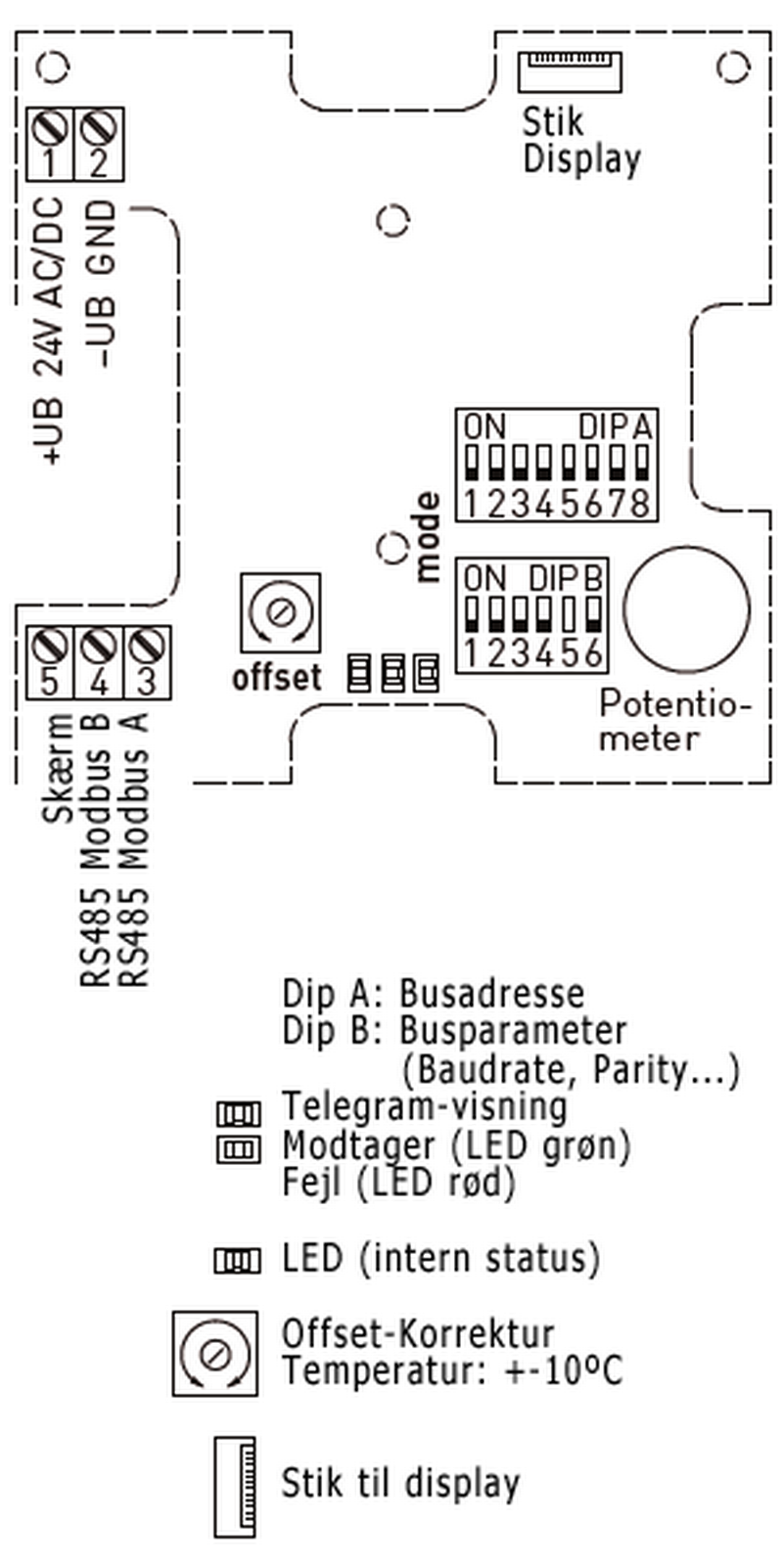 Rumtemperaturføler med Modbus - ledningsdiagram