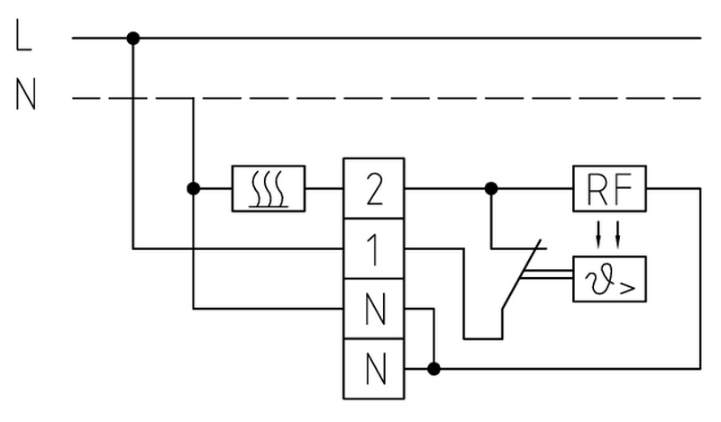 Rumtermostat til regulering af varme tilslutningsdiagram