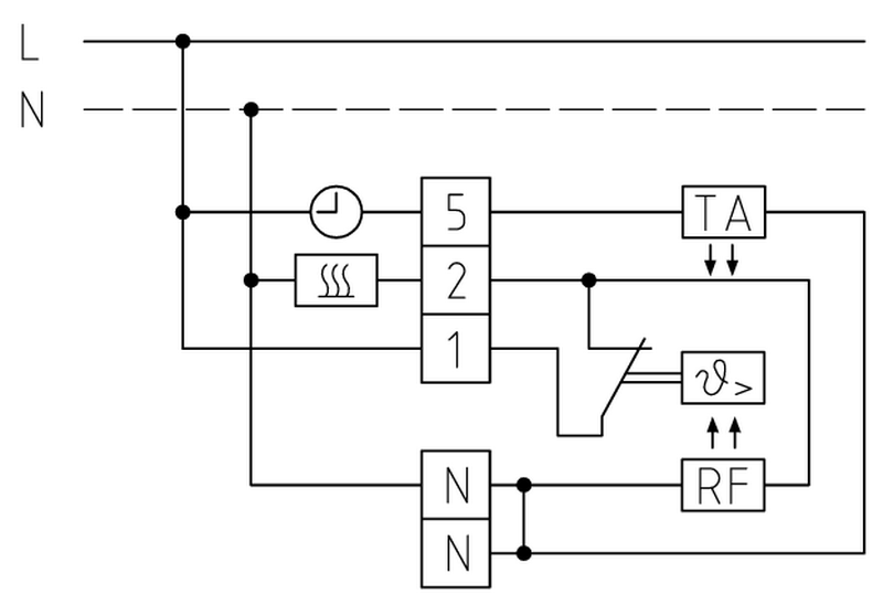 Rumtermostat til regulering af varme tilslutningsdiagram