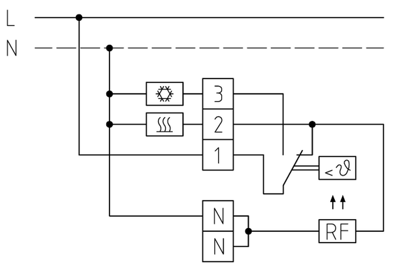 Rumtermostat til regulering af varme / køle - tilslutningsdiagram