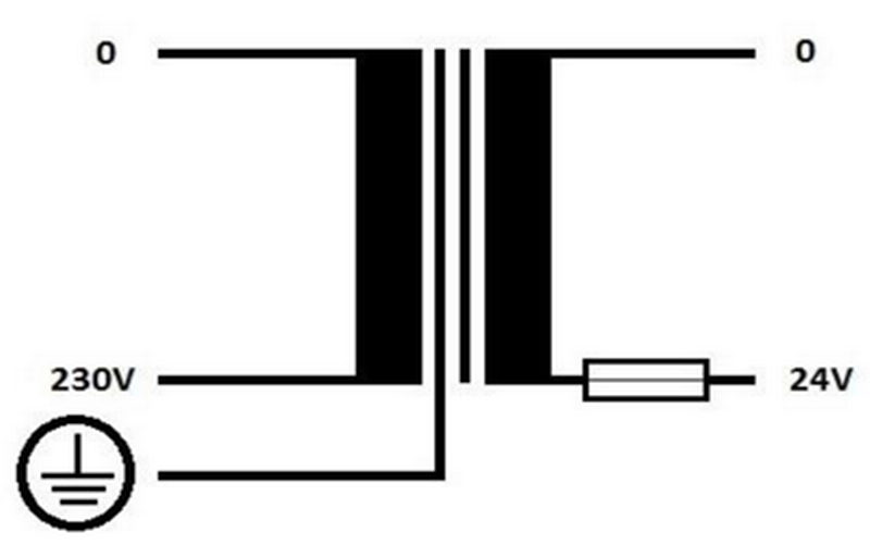 Kredsløbsdiagram for sikkerhedstransformator 230V 24V 60VA