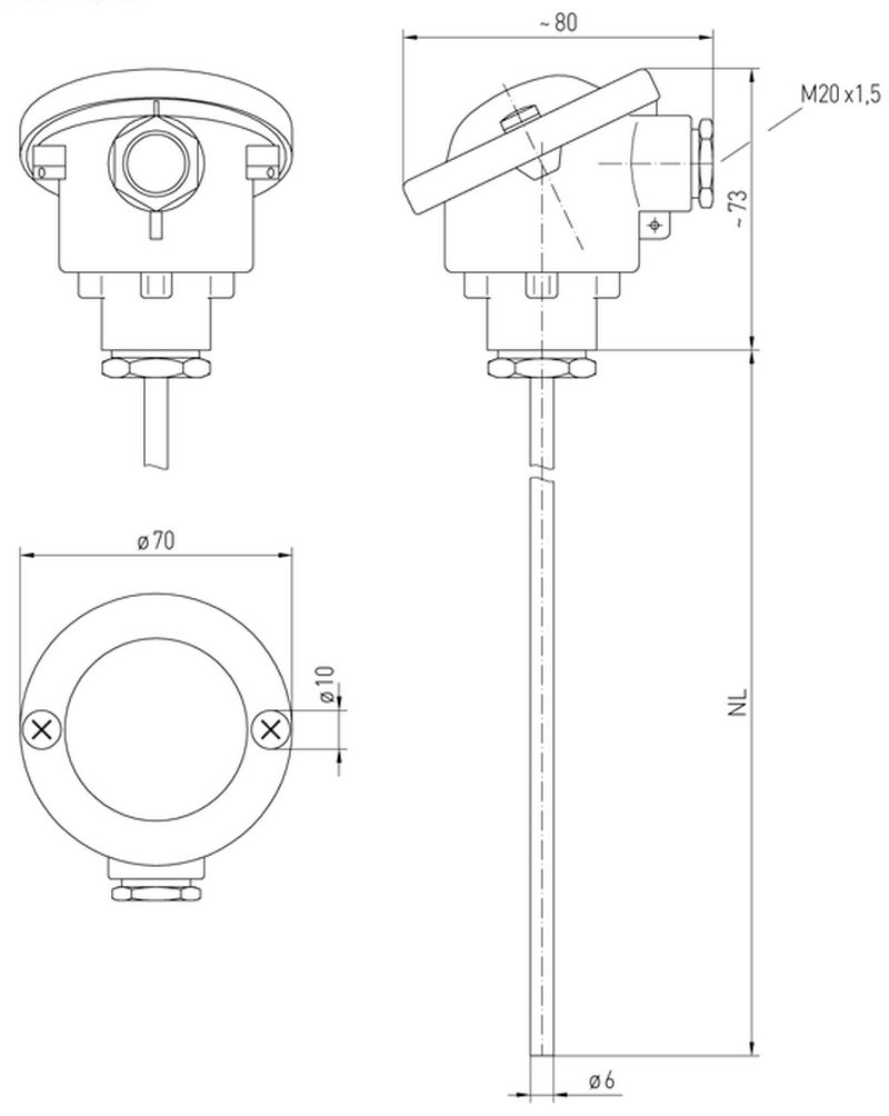 Dimensioner for temperaturfoeler hoved form b 0-10v