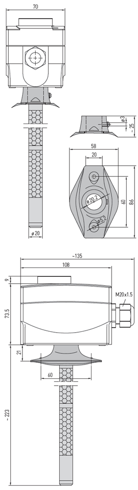 Dimensioner for den mekaniske kanalhygrostat KH-10