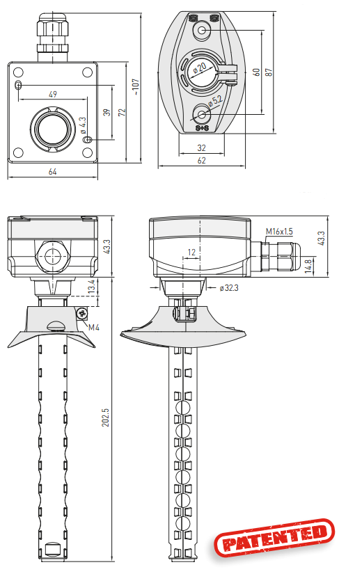 Dimensioner for CO2 føler med kanalmontering