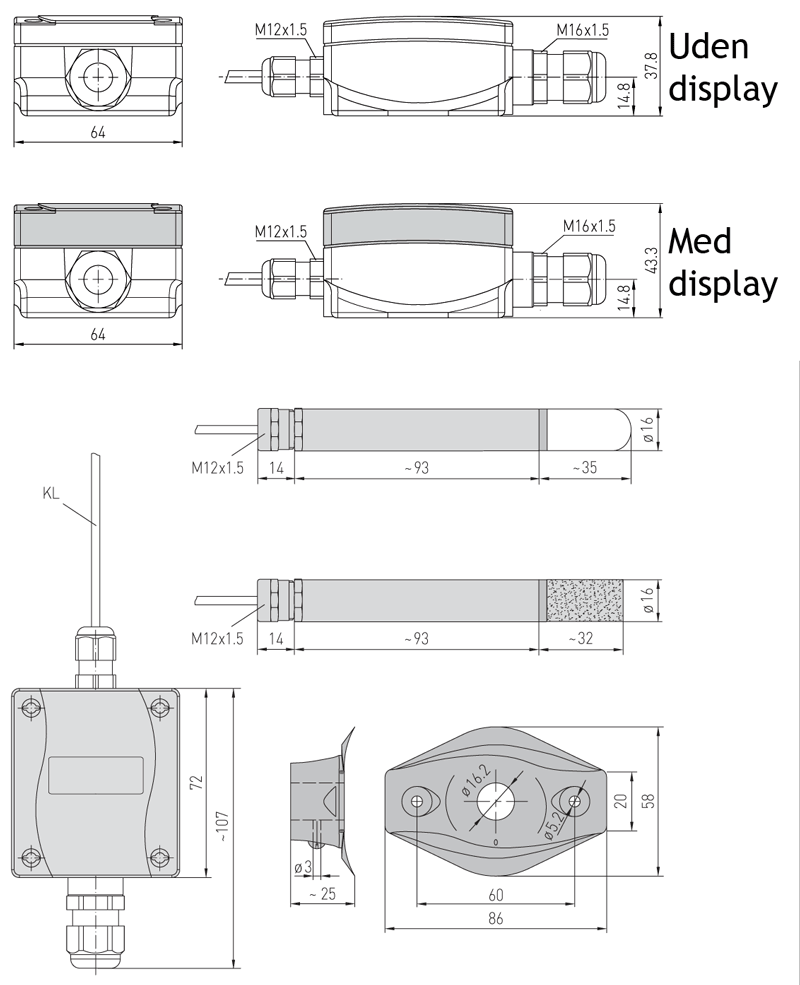 Dimensioner for fugtføler med ekstern sensor 