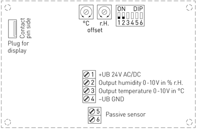 Tilslutningsdiagram for kombineret fugt- og temperaturføler med display