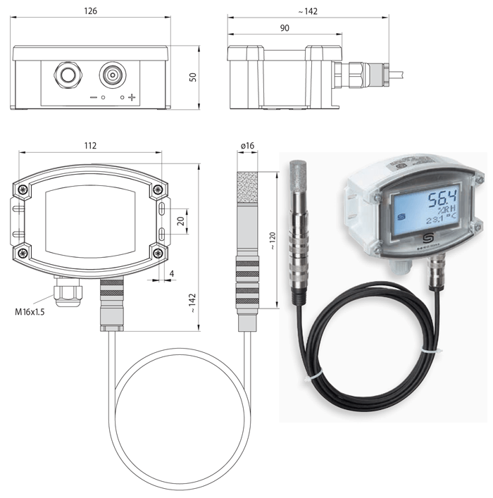 Dimensioner for fugtføler med ekstern sensor