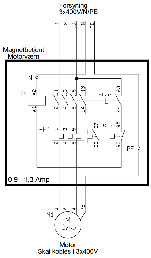 Eldiagram for magnetbetjent motorværn 0,9 - 1,3 Amp