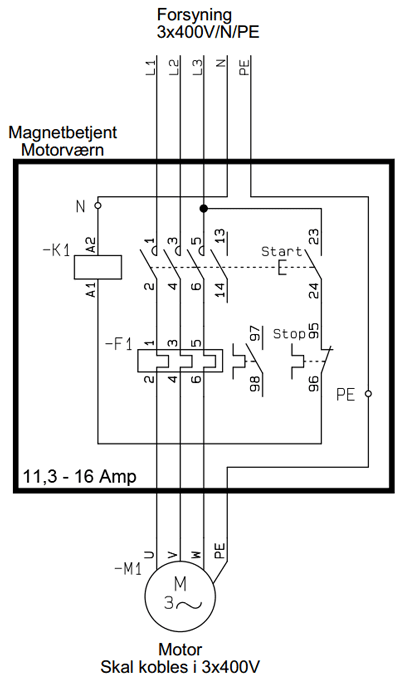 Eldiagram magnet betjent motorværn 11,3-16 Amp