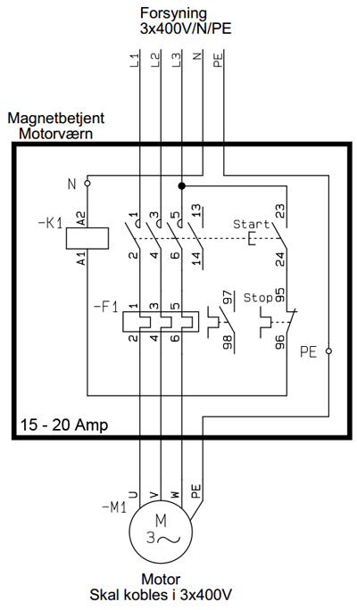 Eldiagram magnet betjent motorværn 15-20 Amp