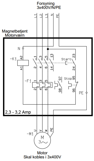 Eldiagram magnet betjent motorværn 2,3-3,2 Amp