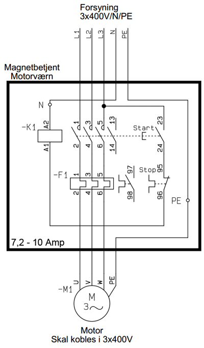 Eldiagram magnet betjent motorværn 7,2-10 Amp