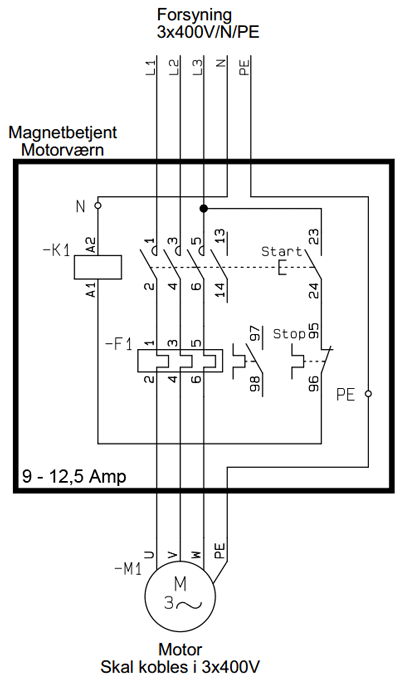 Eldiagram magnet betjent motorværn 9-12,5 Amp