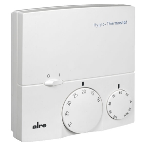 Billede af Kombi hygrostat og termostat til vægmontering. Drejeknap til justering mellem 30-100% r.F. og 10-35°C. Kontakt til sluk af begge funktioner