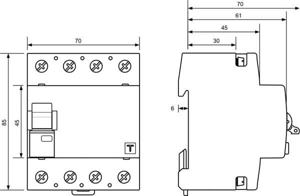 Dimensioner for fejlstrømsafbryder Type B