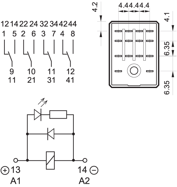 Diagrammer og måltegning for stikbensrelæ 4 omskiftere 12V DC