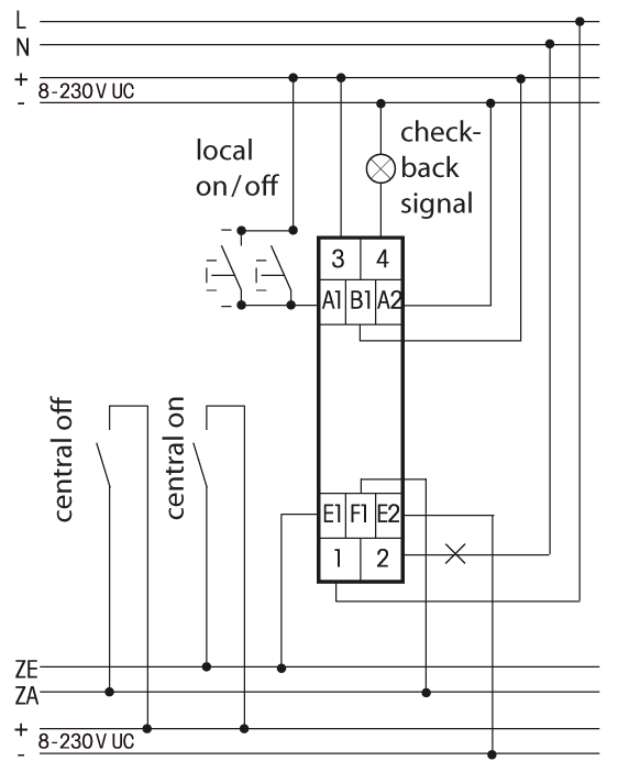 Typisk tilslutning for det elektroniske kiprelæ med 1 slutter og 1 bryder