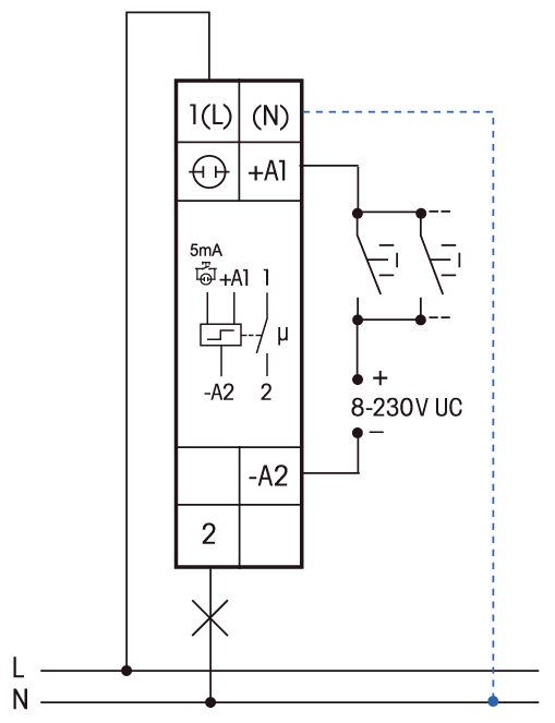 Typisk tilslutning for det elektroniske kiprelæ med 1 slutter