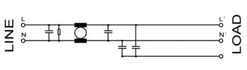 Tilslutningsdiagram for EMC | RFI filter 1 faset 230V, 10Amp. Type NF-10-1ph-MHU