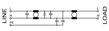 Kredsløbsdiagram for EMC | RFI filter 1 faset 230V, 6Amp. Type NF-6-1ph-FSE