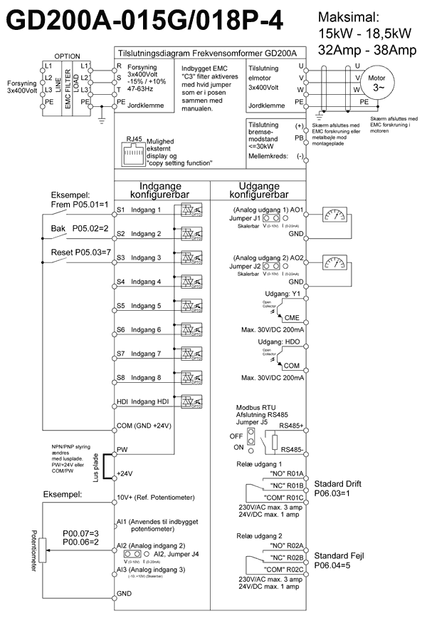 Frekvensomformer 15-18,5kW tilslutningsdiagram