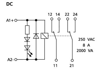 Tilslutningsdiagram for 11051025 | Relæ 24V/DC | 2 omskifter