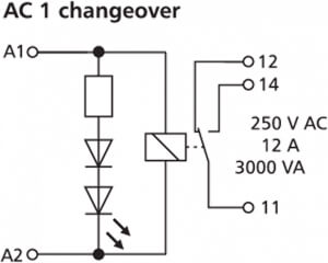 Ledningsdiagram for stikbensrelæ med 1 omskifter 230V 