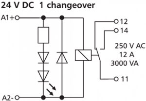 Ledningsdiagram for stikbensrelæet med 1 omskifter