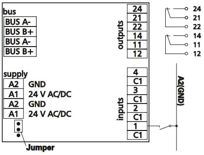 Tilslutningsdiagram for MR-DIO 4/2 IP