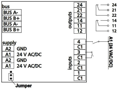 Tilslutningsdiagram for MR-DIO 4/2 IP