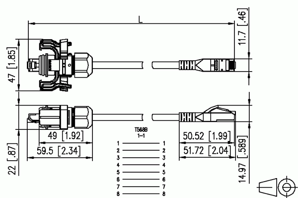 Dimensioner for netværkskablet med RJ45 stik IP67 samt almindeligt RJ45 stik