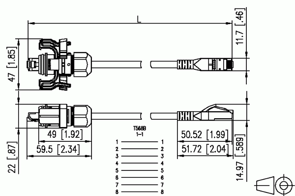 Dimensioner for netværkskablet med RJ45 stik IP67 samt almindeligt RJ45 stik Dimensioner for netværkskablet med RJ45 stik IP67 samt almindeligt RJ45 stik