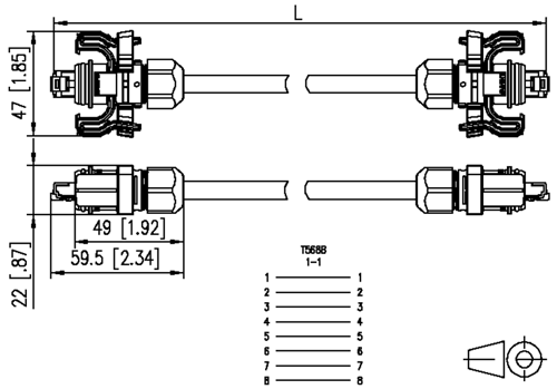 Dimensioner af netværkskabel med IP67 stik i begge ender
