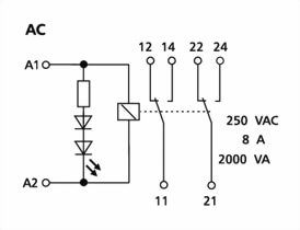 Tilslutningsdiagram for stikbensrelæ 2-omskiftere AC