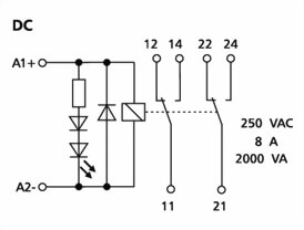 Tilslutningsdiagram for stikbensrelæ med 2 omskiftere 24 V/DC