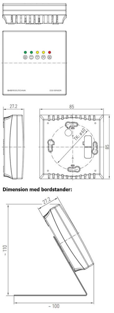 Dimensionstegning for måleren inkl. bordstander i rustfri stål