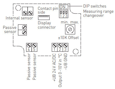 Tilslutningsdiagram for middelværdiføler 0-10V