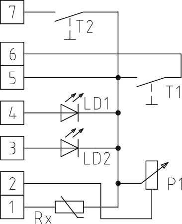 Tilslutningsdiagram for rumtemperaturføler med potentiometer, 2 LED og 2 trykknapper