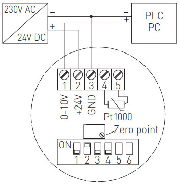 Tilslutningsdiagram for røggas føler 0-10V