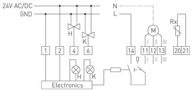 Tilslutningsdiagram for rumtemperaturregulatoren